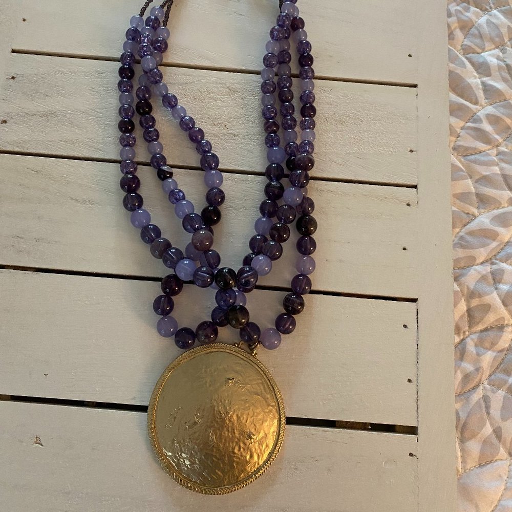 Purple Beaded Necklace with Gold Pendant